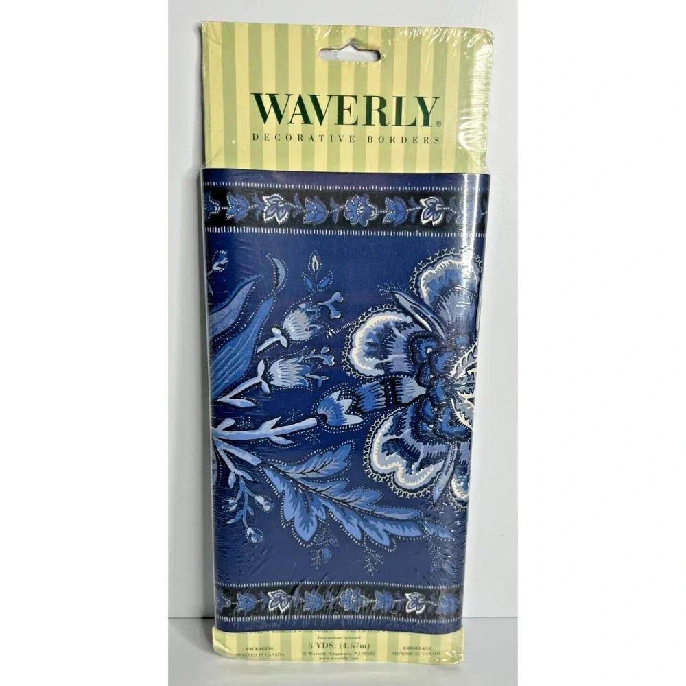 Waverly Decorative Wide Border Wallpaper 5 Yds Prepasted Floral Blue White Bold